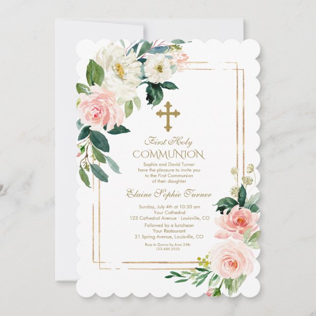 Pink Cream Floral Geometric First Holy Communion Invitation (Front)