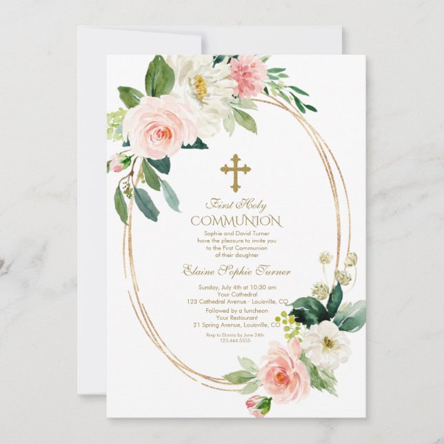 Pink Cream Floral Oval Frame First Holy Communion Invitation (Front)