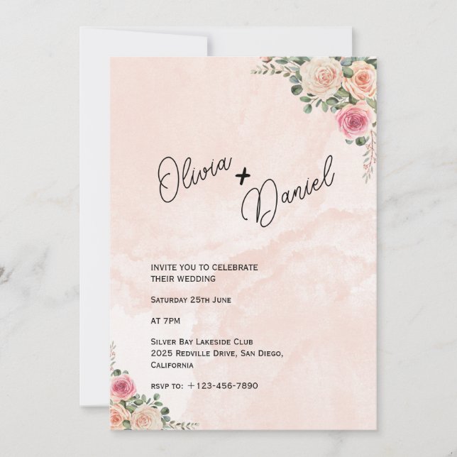 Pink Cream Floral Rustic Wedding Invitation (Front)