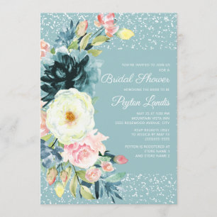 Pink Cream Floral Stardust Teal Bridal Shower Invitation