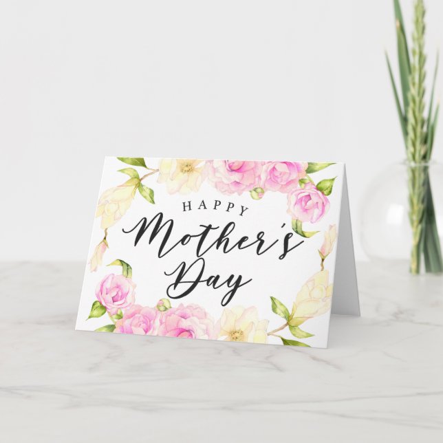 Pink Cream Floral Wreath Mother's Day Holiday Card (Front)