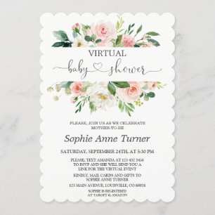 Pink Cream Flowers Calligraphy Virtual Baby Shower Invitation