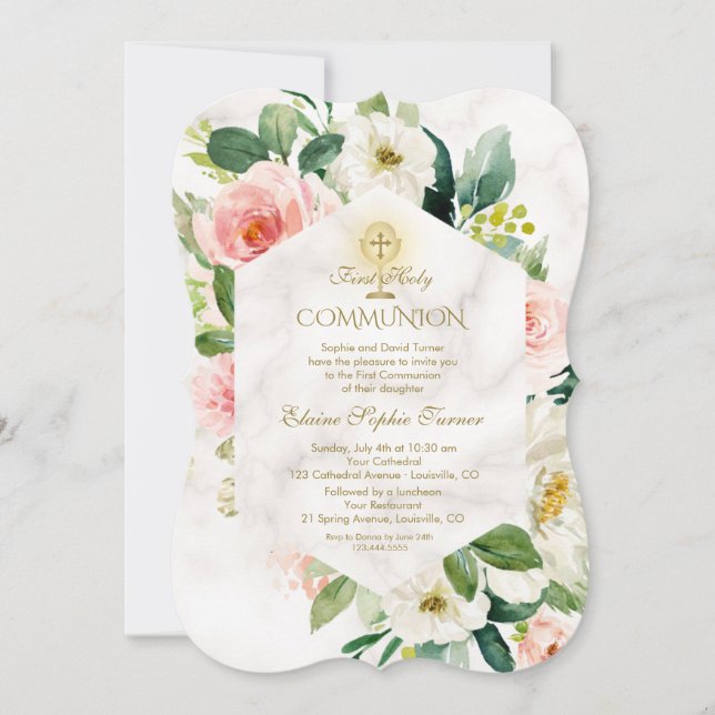 Pink Cream Flowers Frame Marble Holy Communion Invitation (Front)