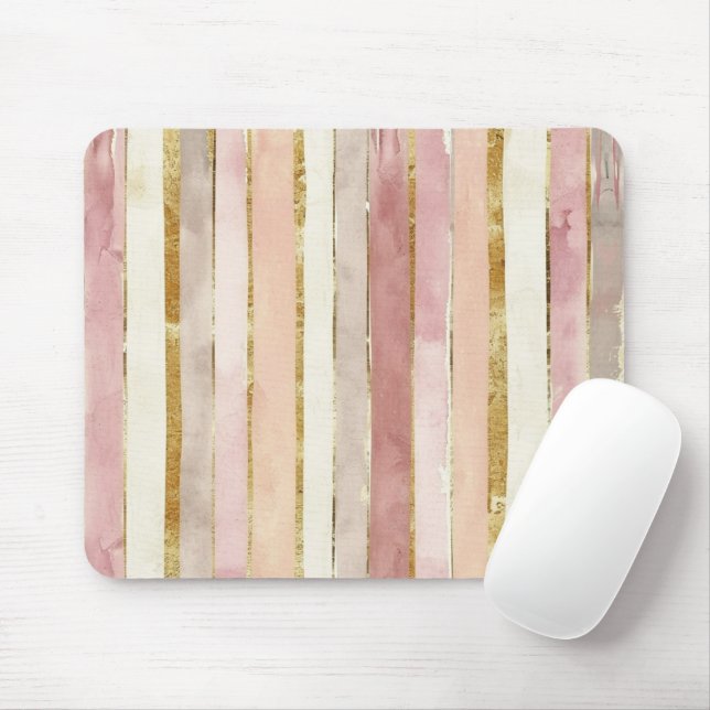 Pink Cream Gold Blush Stripes Mouse Mat (With Mouse)