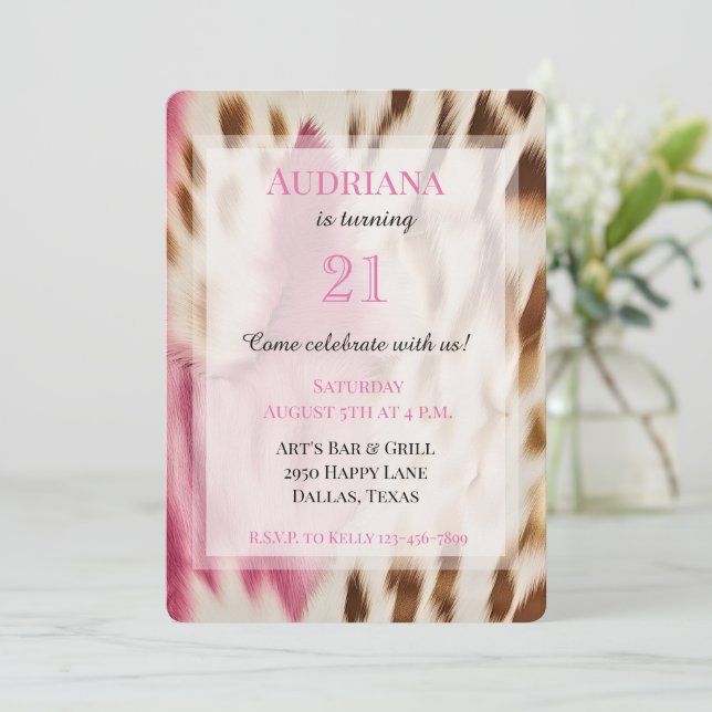 Pink Cream Gold Cowgirl Cowhide 21st Birthday Invitation (Standing Front)