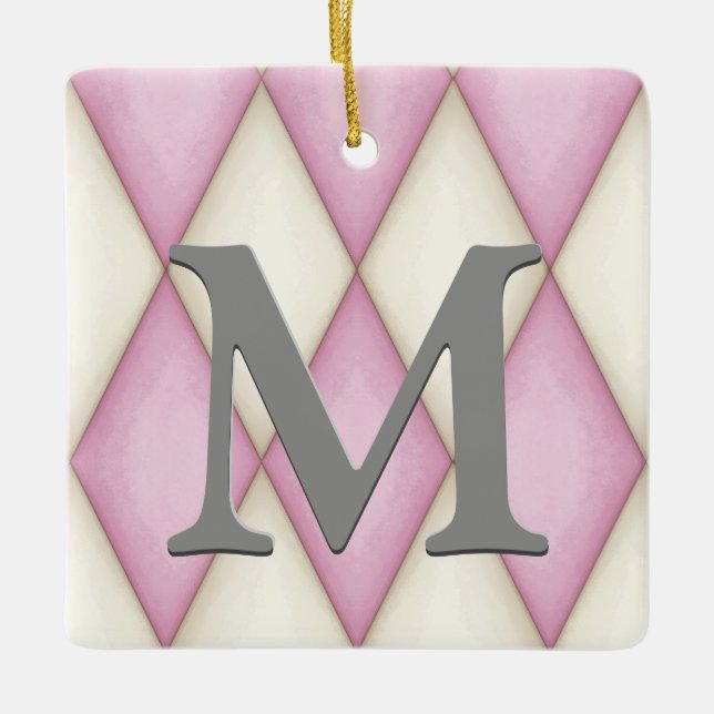 Pink & Cream Harelequin Check Pretty Personalised Ceramic Ornament (Front)