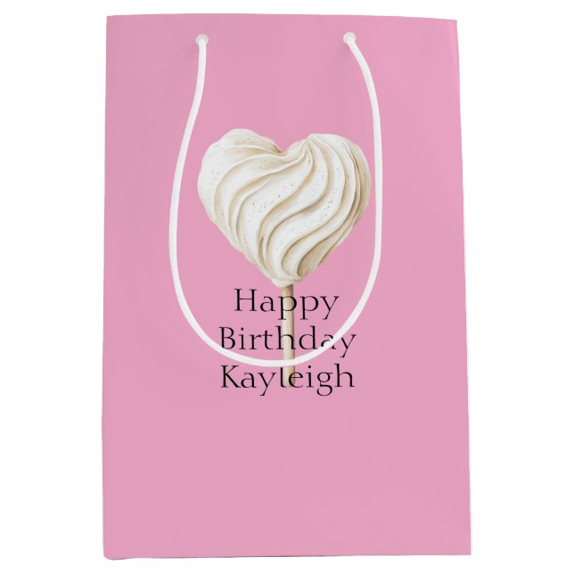 Pink Cream Heart on Stick Birthday Medium Gift Bag (Front)