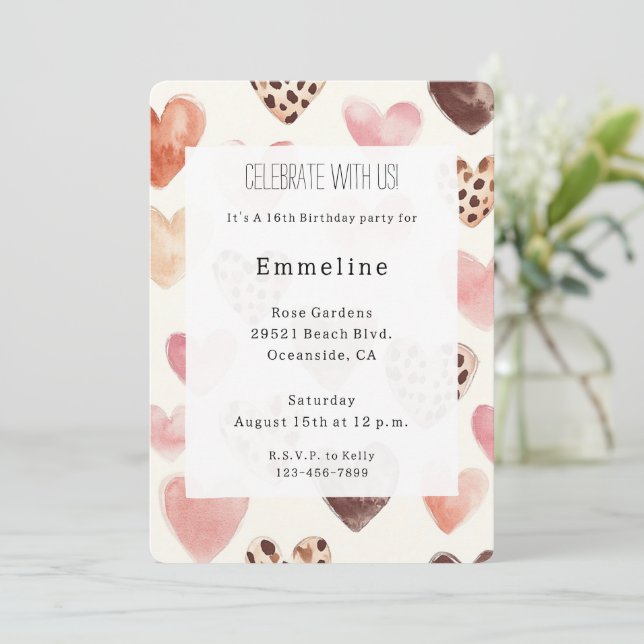 Pink Cream Hearts Leopard Birthday Invitation (Standing Front)
