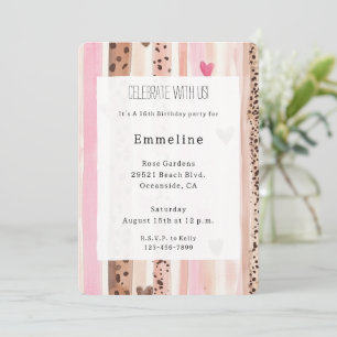 Pink Cream Hearts Leopard Stripes Birthday Invitation