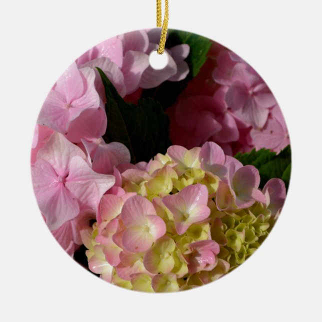 Pink Cream Hydrangeas yellow pink green floral  Ceramic Tree Decoration (Front)