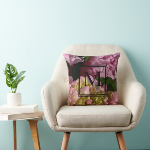 Pink Cream Hydrangeas yellow pink green floral   Cushion