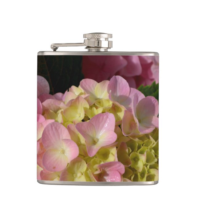 Pink Cream Hydrangeas yellow pink green floral  Hip Flask (Front)