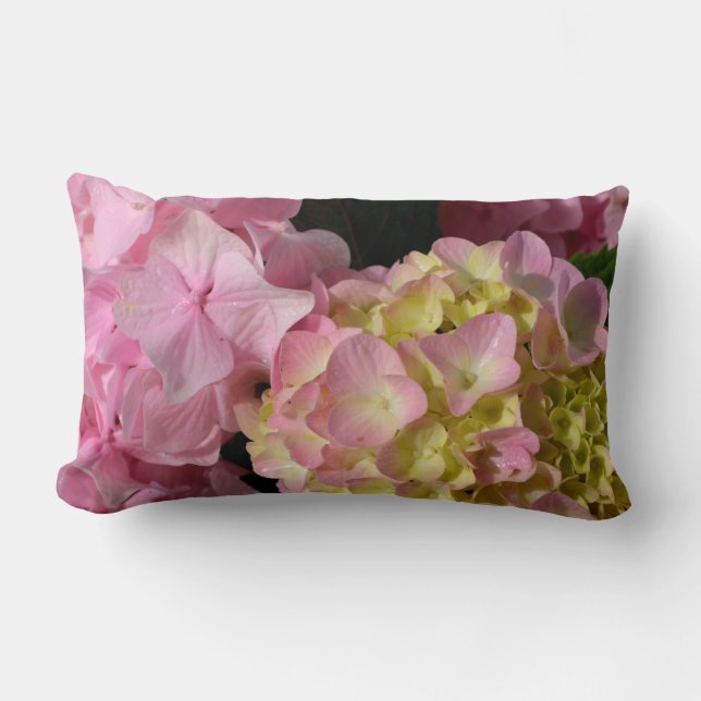Pink Cream Hydrangeas yellow pink green floral  Lumbar Cushion (Front)