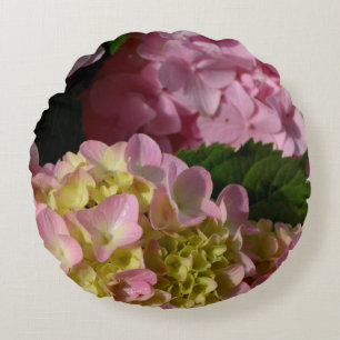 Pink Cream Hydrangeas yellow pink green floral  Round Cushion