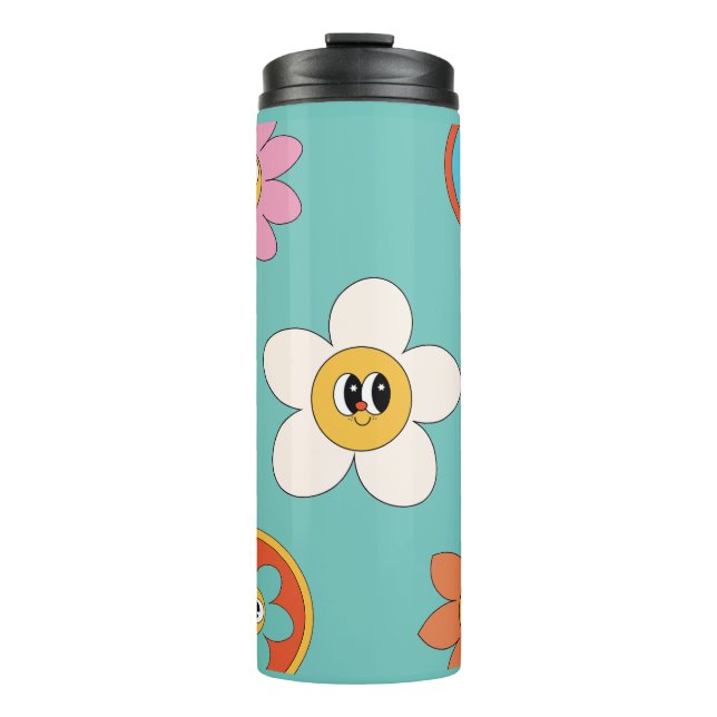 pink cream illustration retro flower tumbler. thermal tumbler (Front)