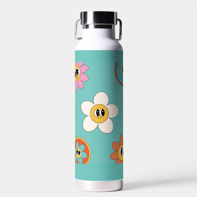 pink cream illustration retro flower water bottle. water bottle (Front)