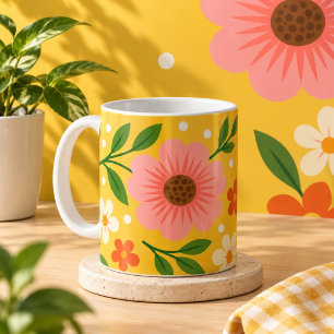 Pink, cream & Orange Flowers with Green Leaves Coffee Mug