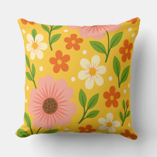 Pink, cream & Orange Flowers with Green Leaves Cushion