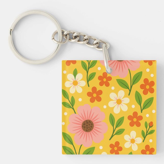Pink, cream & Orange Flowers with Green Leaves Key Ring (Front)