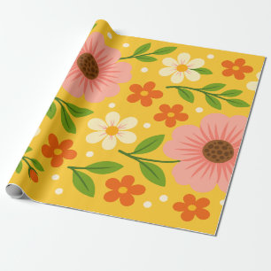Pink, cream & Orange Flowers with Green Leaves Wrapping Paper