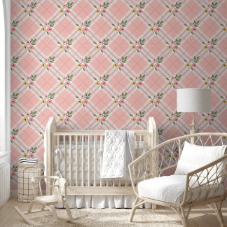 Pink Cream Plaid Floral Wallpaper