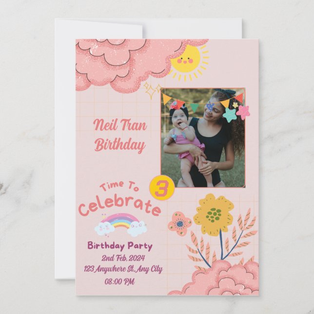 Pink Cream Purple Minimalist Baby invit with Photo Invitation (Front)