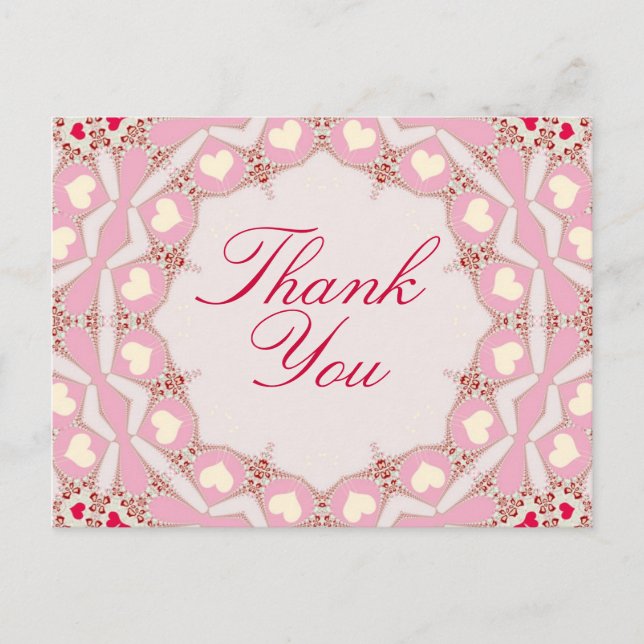 Pink Cream Red Hearts Thank You Postcard (Front)