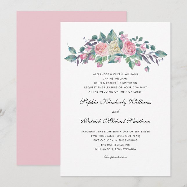 Pink Cream Roses | 3 sets parents wedding Invitation (Front/Back)