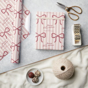 Pink Cream Striped Bow Personalised Wrapping Paper