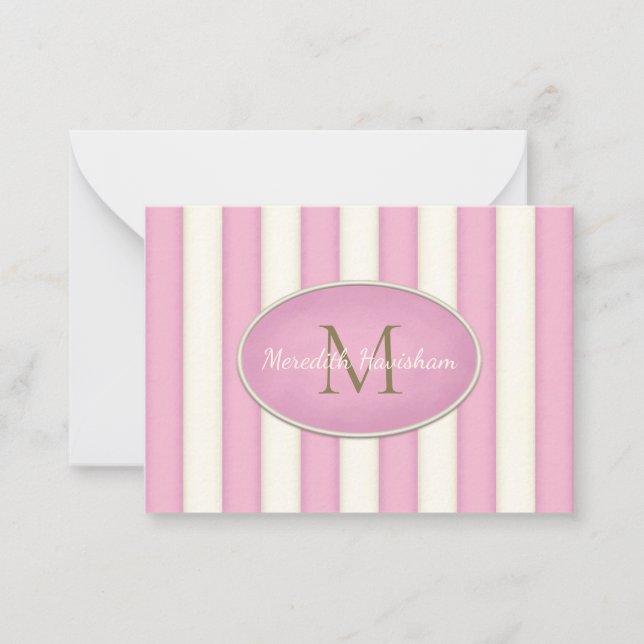 Pink & Cream Stripes Bronze Monogram Custom Card (Front)
