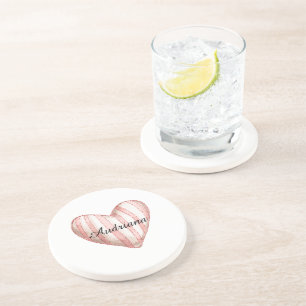 Pink Cream Stripes Heart Coaster