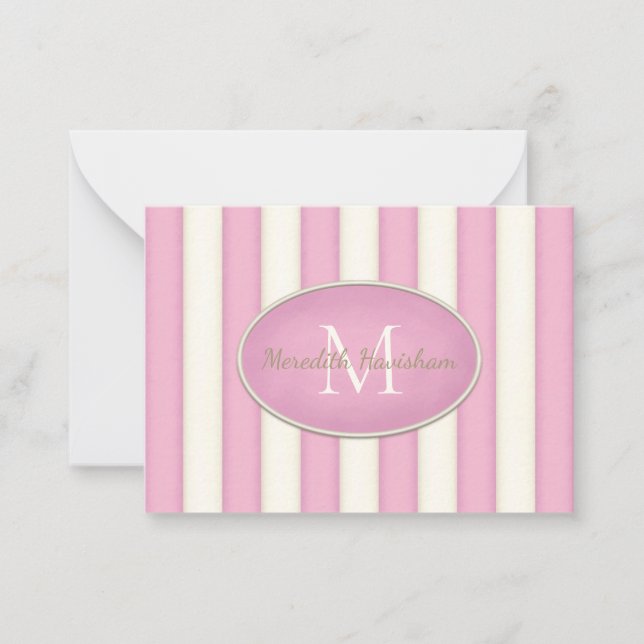 Pink & Cream Stripes Oval Framed Monogram Custom Card (Front)