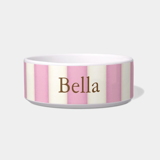 Pink & Cream Stripes Personalised Cat or Dog Bowl (Front)