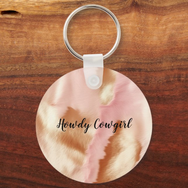 Pink Cream Tan Southwest Cowgirl Cowhide Key Ring (Front)