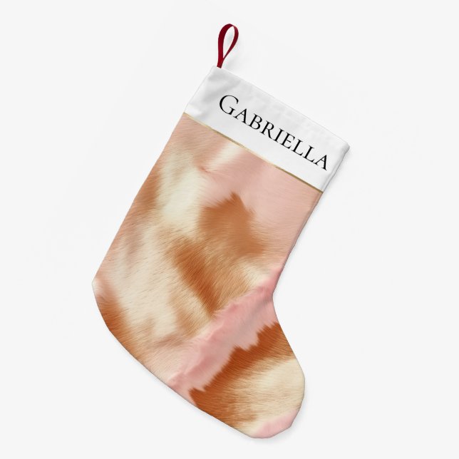 Pink Cream Tan Southwest Cowgirl Cowhide Small Christmas Stocking (Front (Hanging))