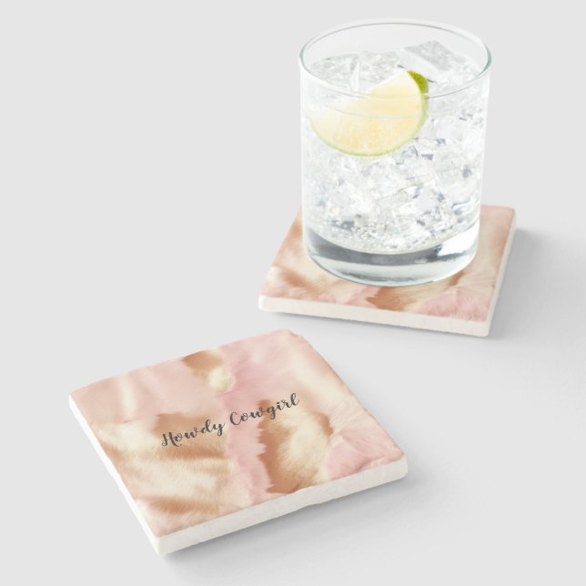 Pink Cream Tan Southwest Cowgirl Cowhide Stone Coaster (Side)