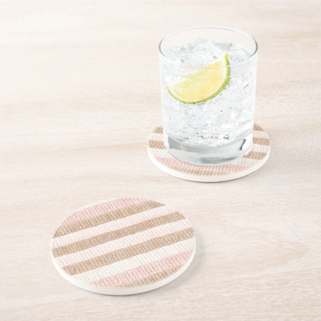 Pink Cream Tan Stripes Coaster (Side)