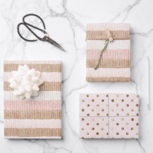 Pink Cream Tan Stripes Dots Birthday Wrapping Paper Sheet