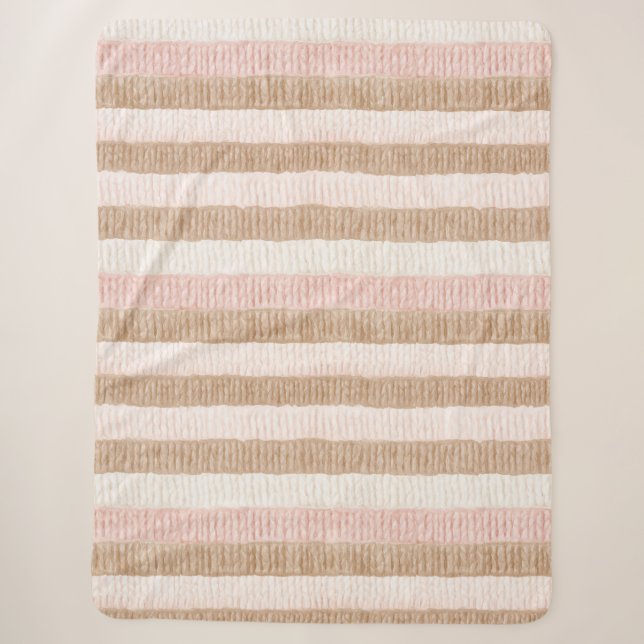Pink Cream Tan Stripes Sherpa Blanket (Front)