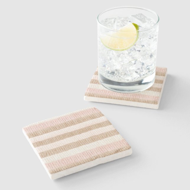 Pink Cream Tan Stripes Stone Coaster (Side)
