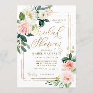Pink Cream Watercolor Floral Rustic Bridal Shower Invitation