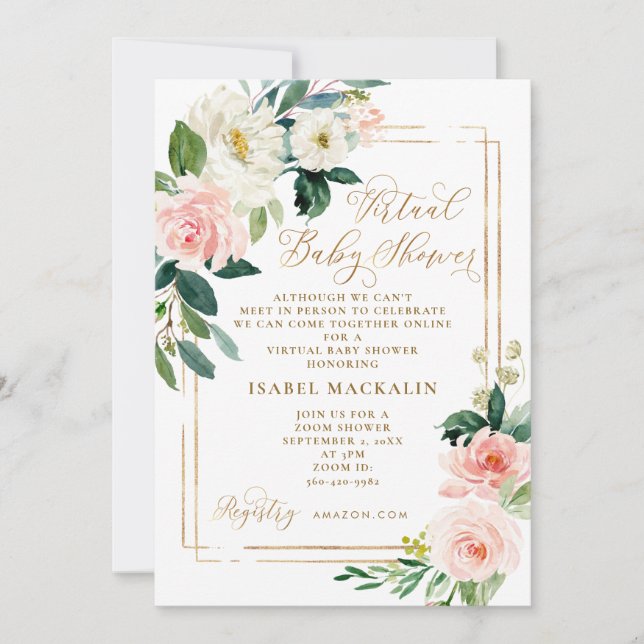 Pink Cream Watercolor Floral Virtual Baby Shower Invitation (Front)