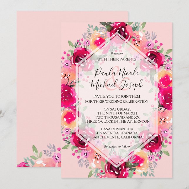 Pink Cream Watercolor Floral Wedding Invitations (Front/Back)