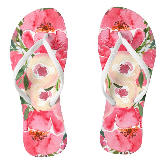 Pink Cream Watercolor Peony Floral Flip Flops (Footbed)