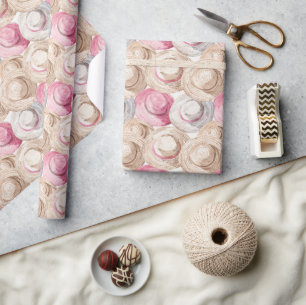 Pink Cream White Straw Hats Birthday Wrapping Paper