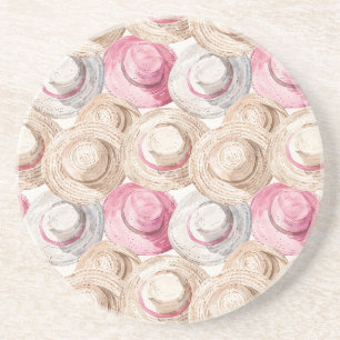 Pink Cream White Straw Hats Coaster