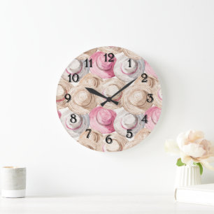 Pink Cream White Straw Hats Large Clock