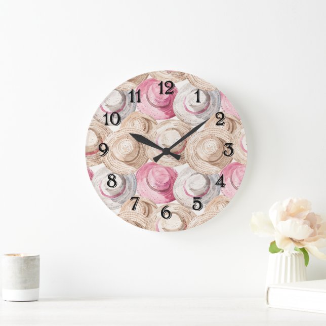 Pink Cream White Straw Hats  Large Clock (Home)