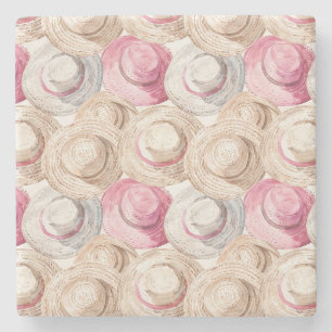 Pink Cream White Straw Hats Stone Coaster