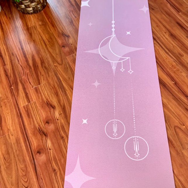 Pink Crescent Moon and Shooting Stars Yoga Mat (Crescent Moon and Stars Yoga Mat by Awakening Graphics)